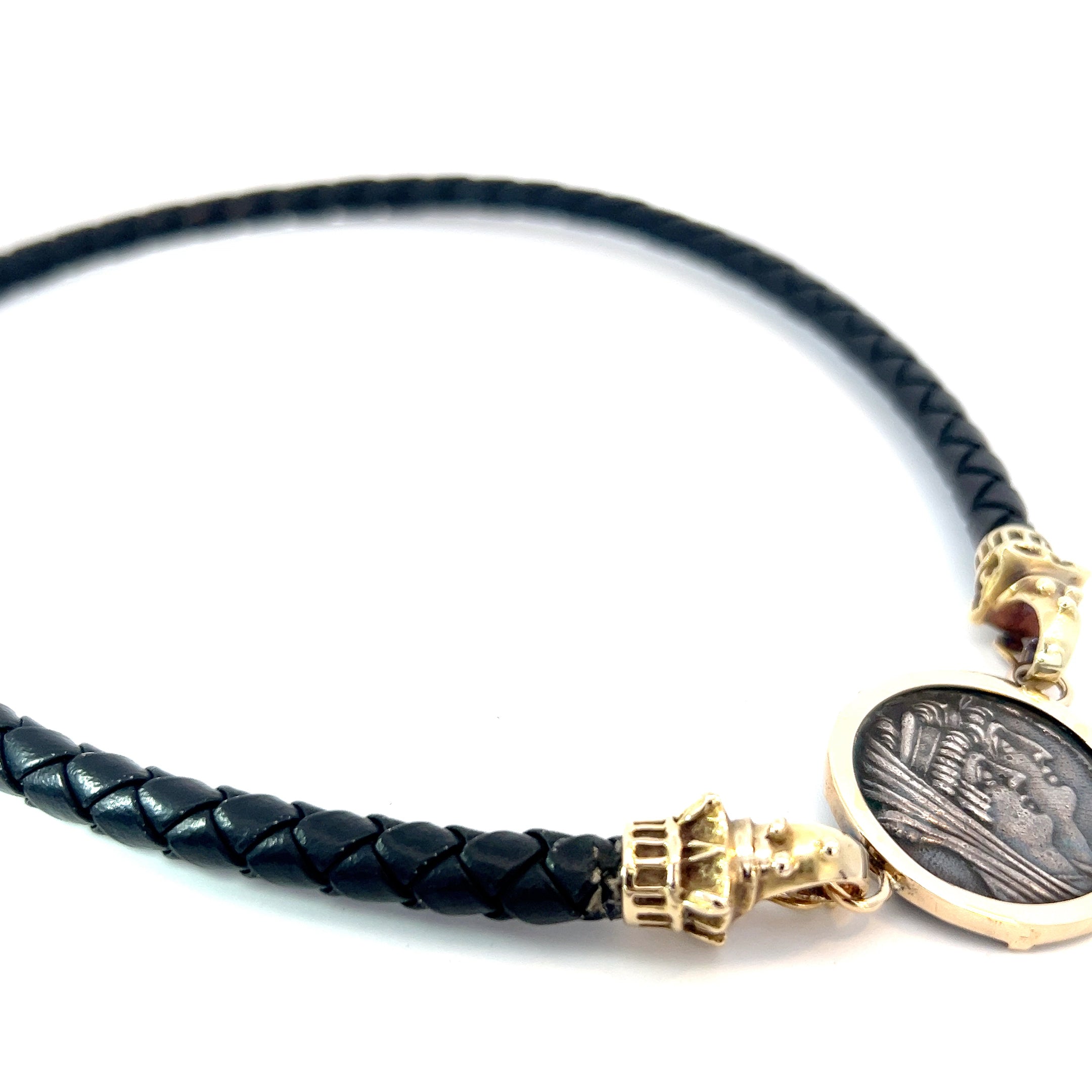 Ancient Roman Silver Coin Set in 14k Yellow Gold Bezel on a Leather Cord Necklace
