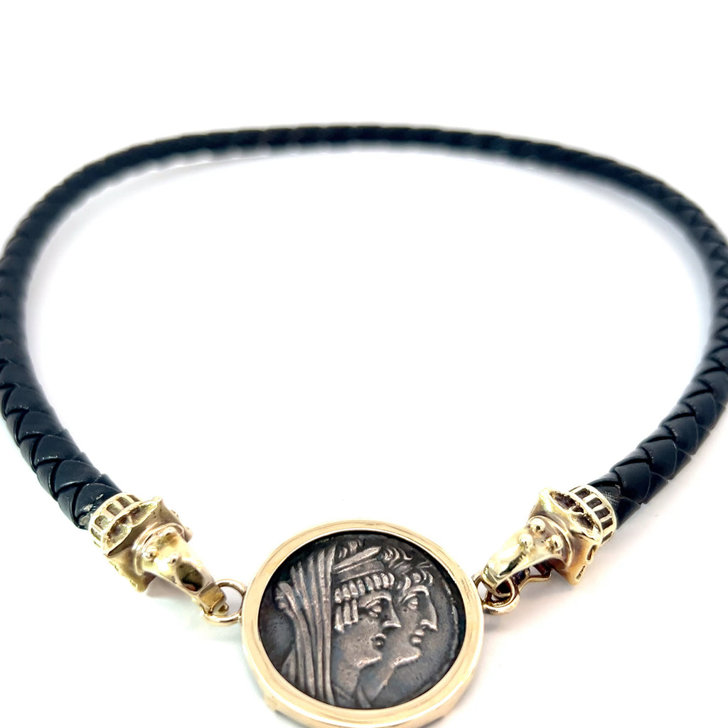 Ancient Roman Silver Coin Set in 14k Yellow Gold Bezel on a Leather Cord Necklace