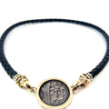 Ancient Roman Silver Coin Set in 14k Yellow Gold Bezel on a Leather Cord Necklace