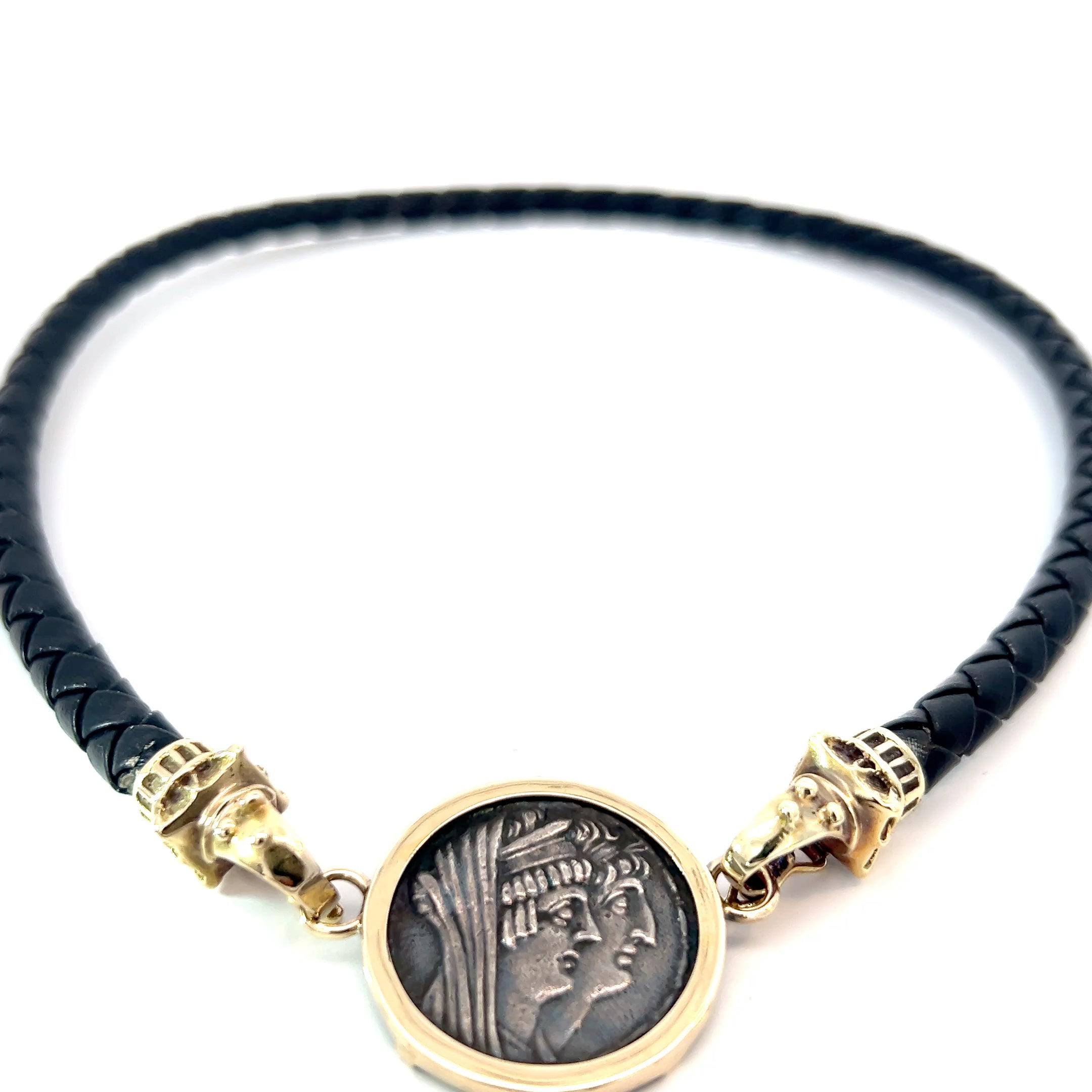 Ancient Roman Silver Coin Set in 14k Yellow Gold Bezel on a Leather Cord Necklace