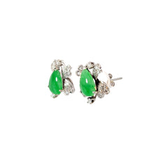 Platinum 9.67ct Pear Shape Cabochon Green Jade and .10ct G VS2 Round Diamond Vintage Earrings Certified By GIA # 2235204180