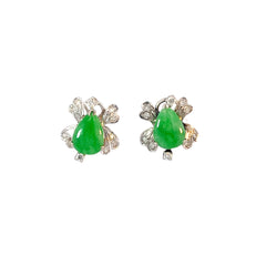 Platinum 9.67ct Pear Shape Cabochon Green Jade and .10ct G VS2 Round Diamond Vintage Earrings Certified By GIA # 2235204180