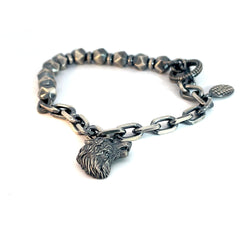 Sterling Silver 31.8 Gram Wolf Head Charm Dangle in Men's Bracelet