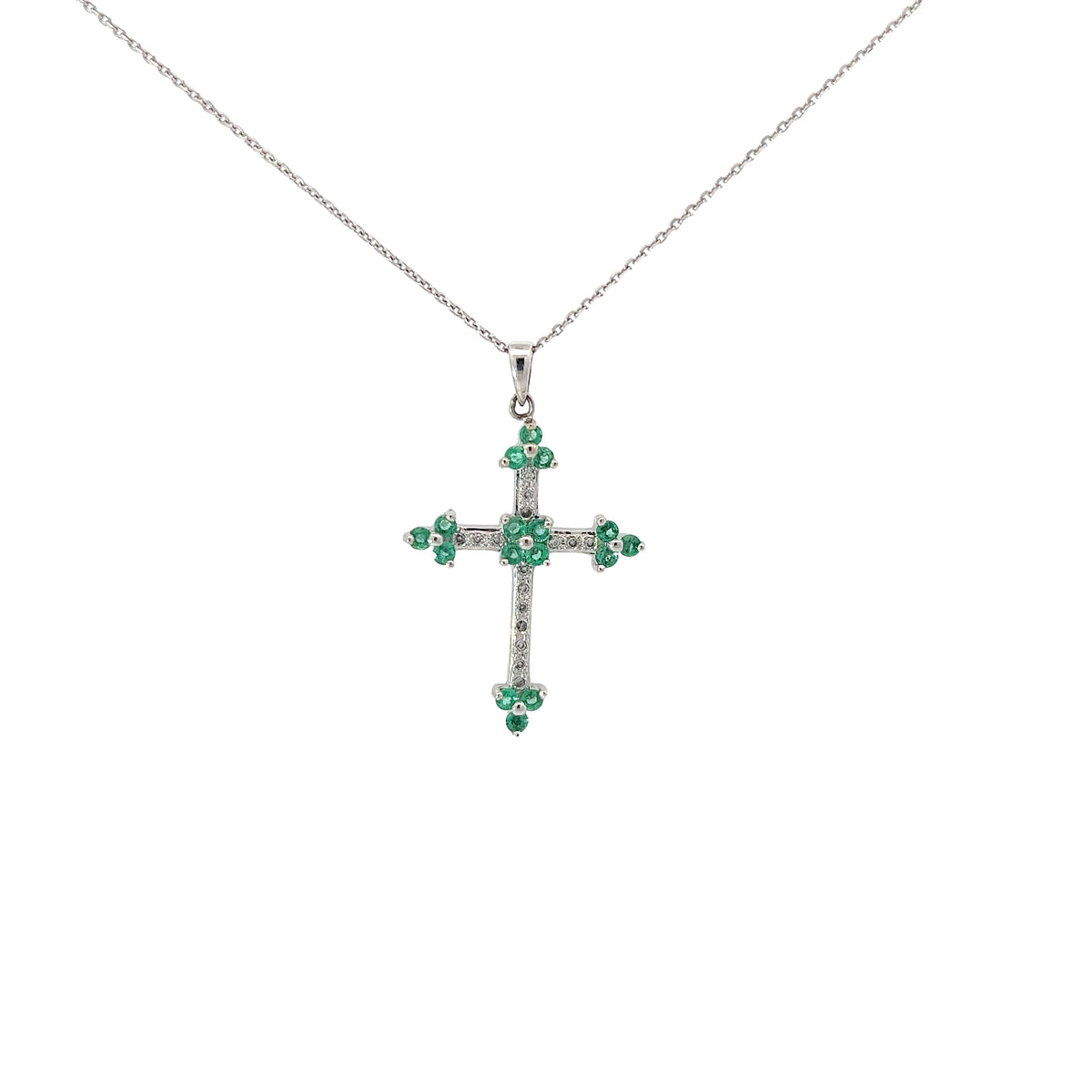 Ladies 14k white gold diamond and emerald cross necklace