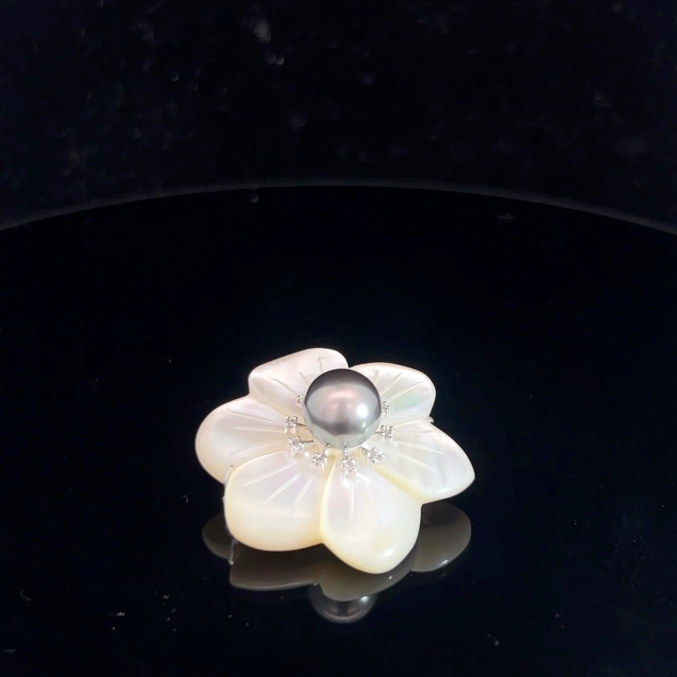 14k White Gold .05ct G SI1 Round Diamond Mother of Pearl Flower / Tahitian Pearl 9mm  Brooch / Pin and Pendant