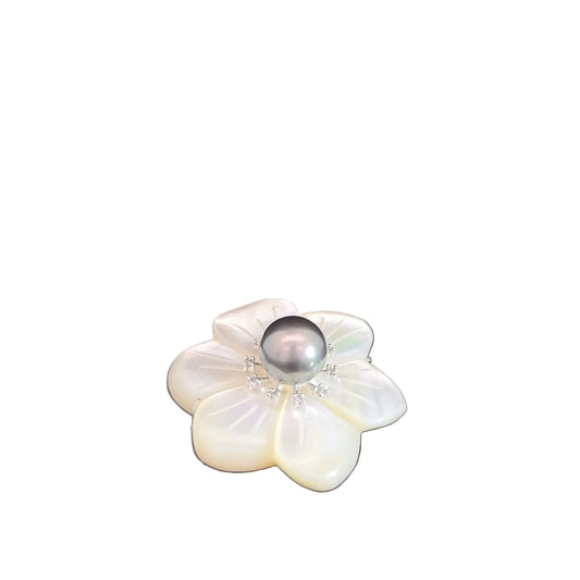 14k White Gold .05ct G SI1 Round Diamond Mother-of-Pearl Flower / Tahitian Pearl 9mm Brooch / Pin and Pendant