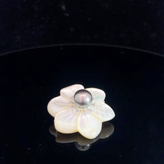 14k White Gold .05ct G SI1 Round Diamond Mother of Pearl Flower / Tahitian Pearl 9mm  Brooch / Pin and Pendant