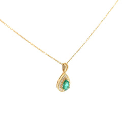 14k Yellow Gold .50ct Pear Shape Colombian Emerald /.20ct G VS2 Round Diamond Two Channel Setting  Necklace 16"inch