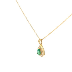 14k Yellow Gold .50ct Pear Shape Colombian Emerald /.20ct G VS2 Round Diamond Two Channel Setting  Necklace 16"inch