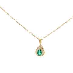 14k Yellow Gold .50ct Pear Shape Colombian Emerald /.20ct G VS2 Round Diamond Two Channel Setting  Necklace 16"inch