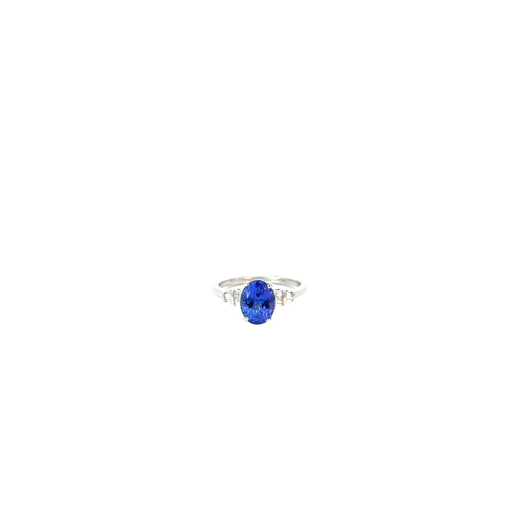 Platinum 1.75ct Oval Tanzanite AAA and .10ct F VS2 Baguette Diamond Ring