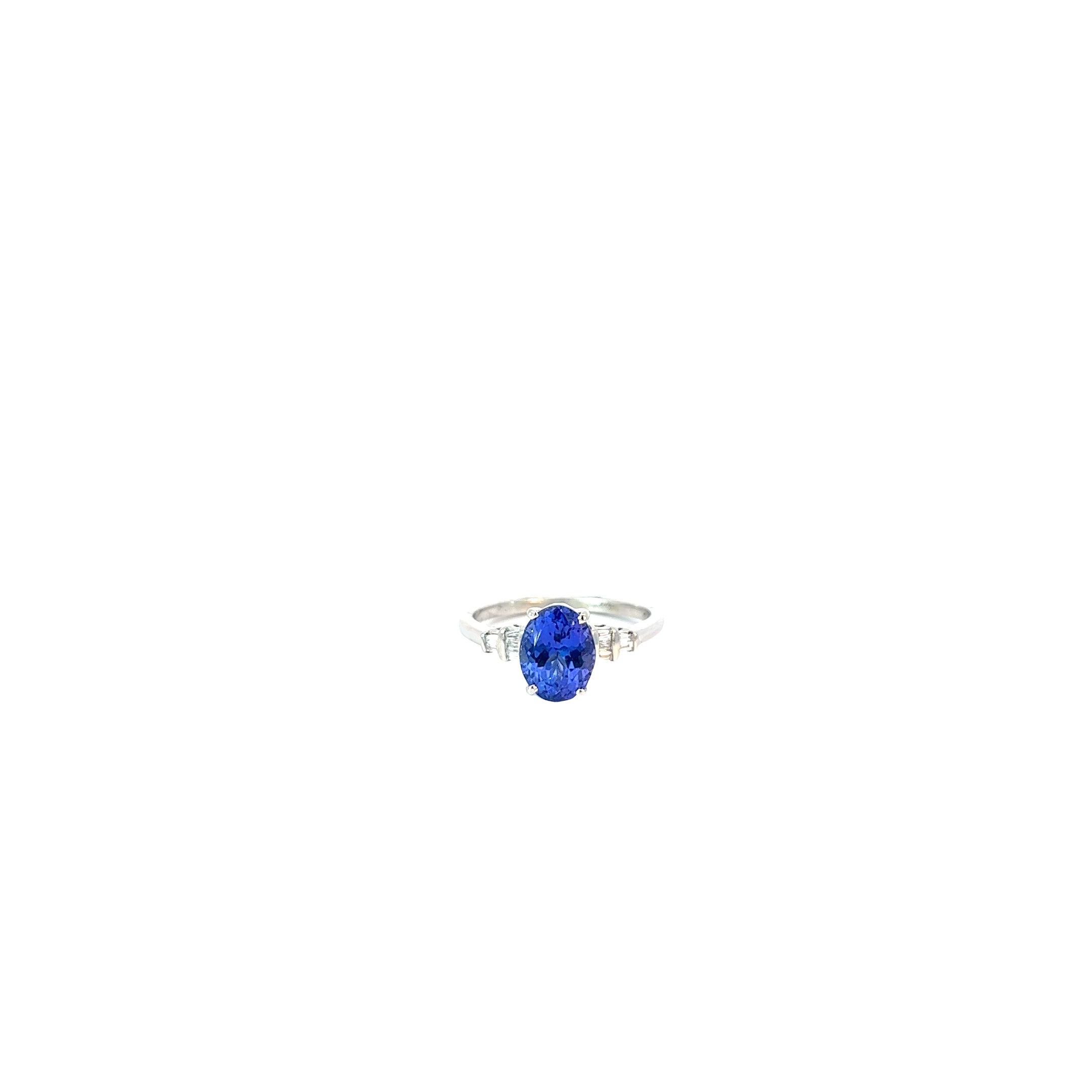 Platinum 1.75ct Oval Tanzanite AAA and .10ct F VS2 Baguette Diamond Ring