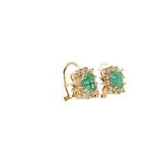 18K YELLOW GOLD  2.00 CT CUSHION COLOMBIAN EMERALD/ 1.00 CT F VS2 ROUND DIAMOND EARRINGS