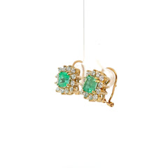 18K YELLOW GOLD  2.00 CT CUSHION COLOMBIAN EMERALD/ 1.00 CT F VS2 ROUND DIAMOND EARRINGS