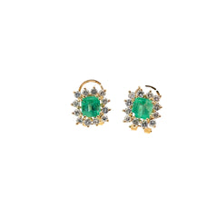 18K YELLOW GOLD  2.00 CT CUSHION COLOMBIAN EMERALD/ 1.00 CT F VS2 ROUND DIAMOND EARRINGS