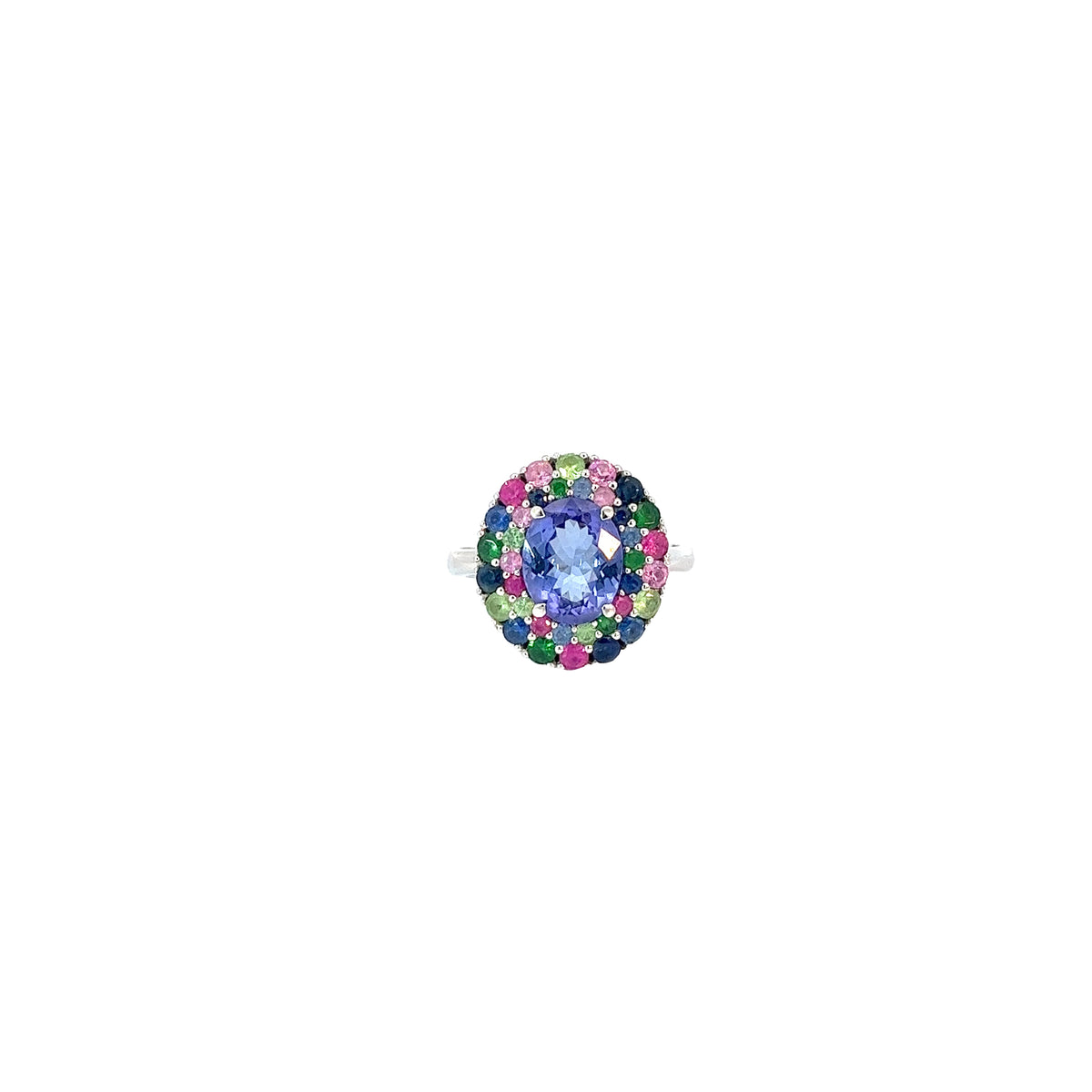Ladies 18k white gold Tanzanite and multicolored Sapphire ring