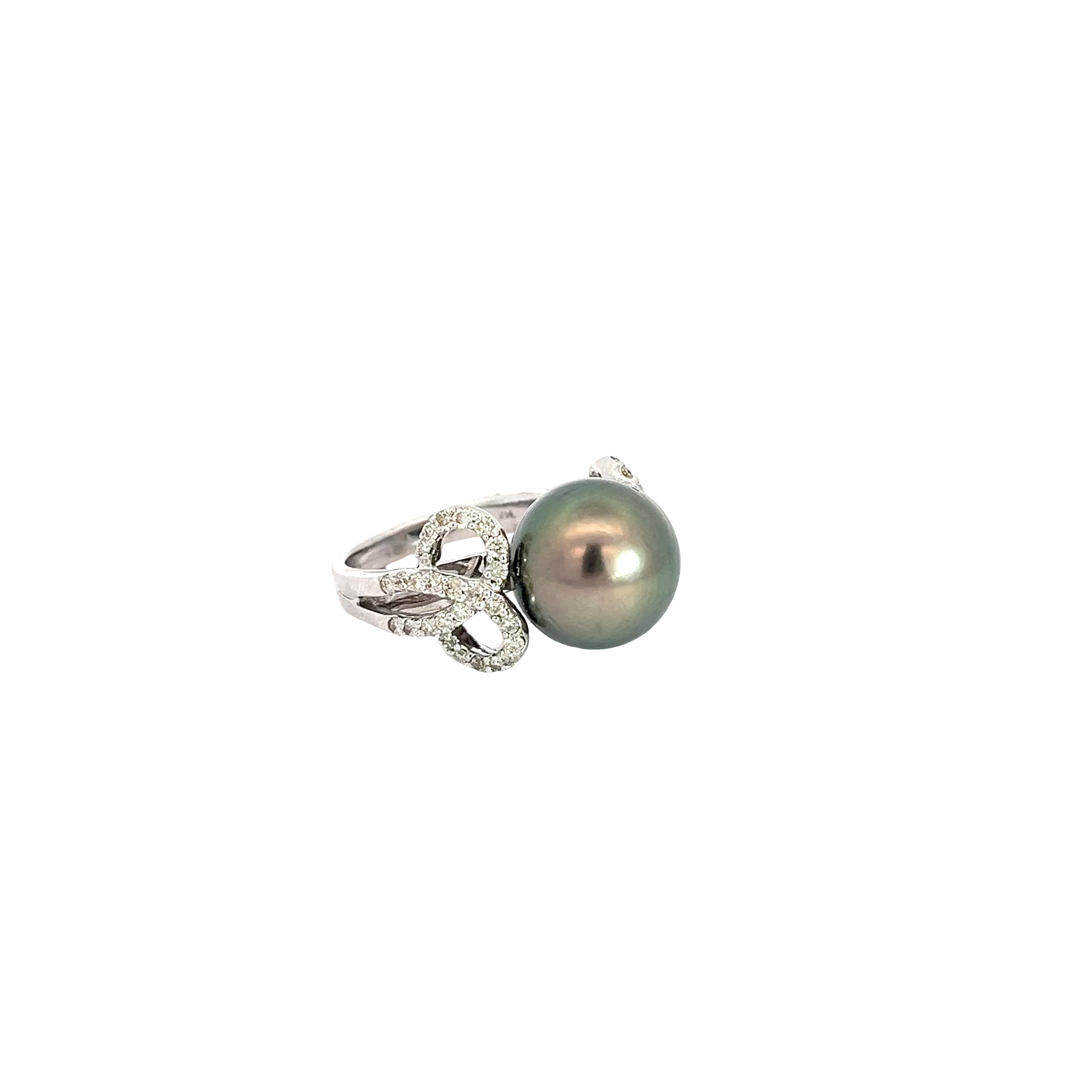 14k White Gold .52ct F VS2 Round Diamond and 12mm Tahitian Pearl Ring