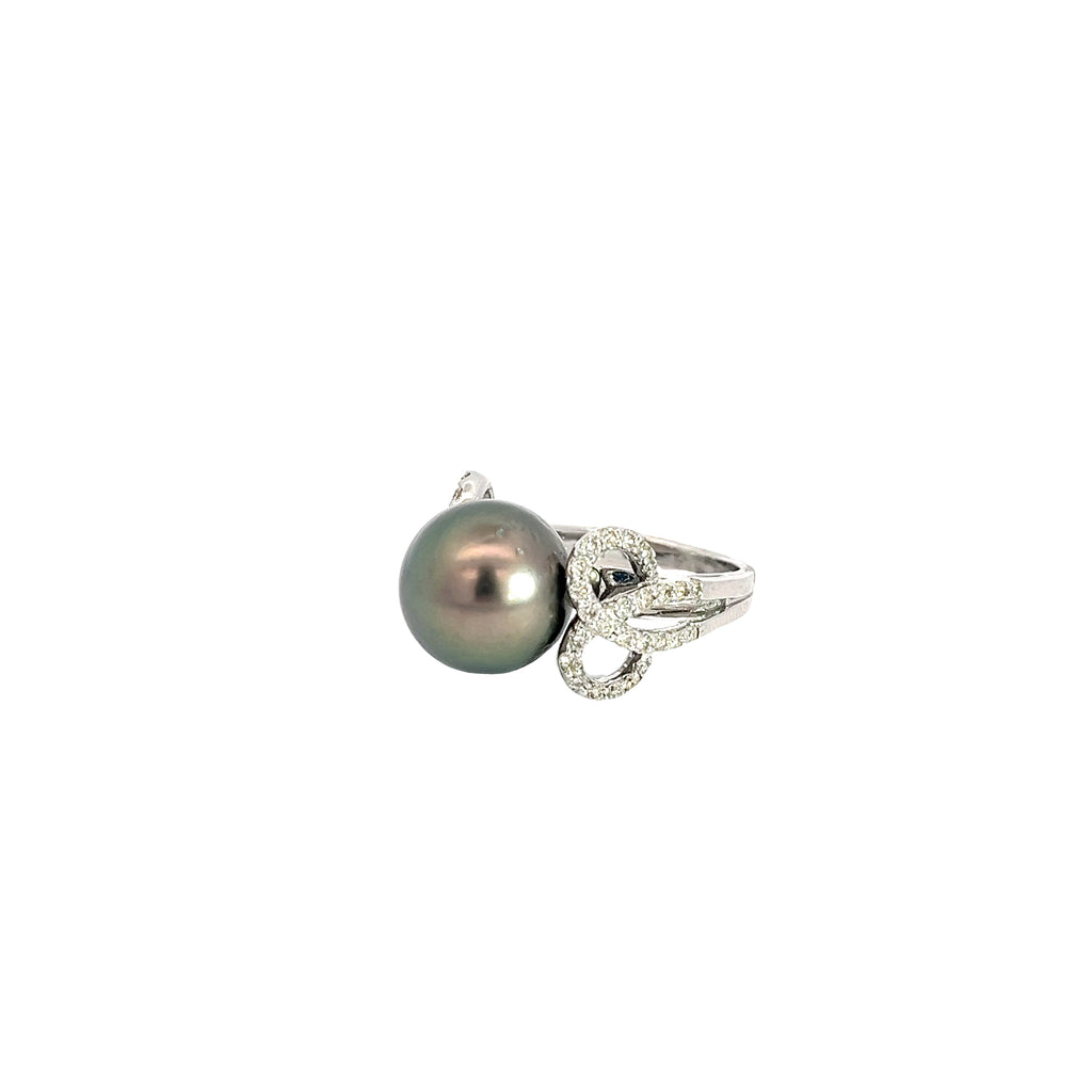 14k White Gold .52ct F VS2 Round Diamond and 12mm Tahitian Pearl Ring