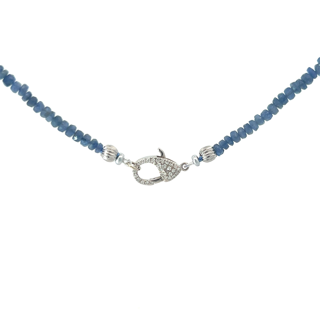 14k Yellow Gold .65ct G SI1 Round Diamond and .20ct Round Blue Sapphire Clasp/ Rough Tumbled Beaded  Necklace