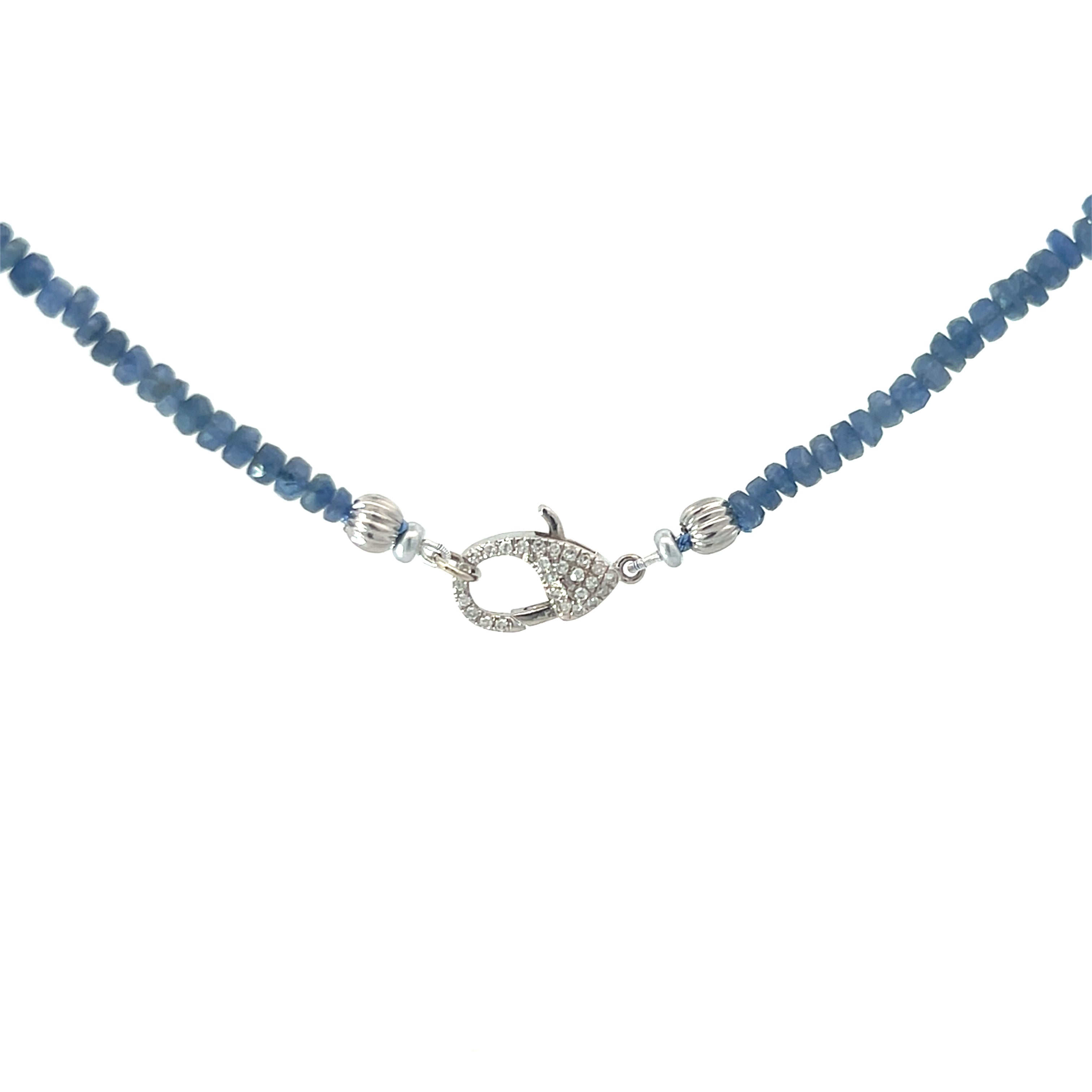 14k Yellow Gold .65ct G SI1 Round Diamond and .20ct Round Blue Sapphire Clasp/ Rough Tumbled Beaded  Necklace