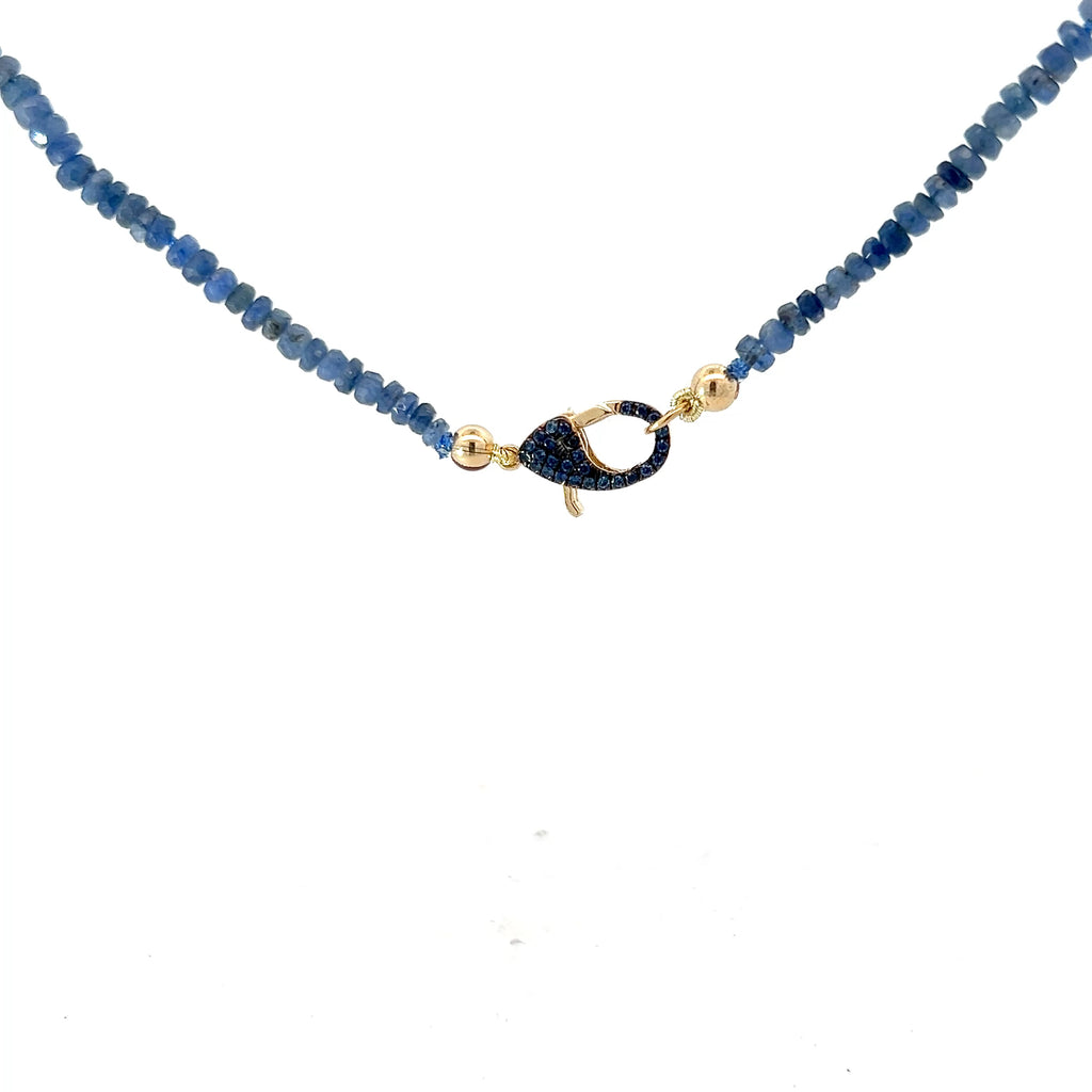 14k Yellow Gold .65ct G SI1 Round Diamond and .20ct Round Blue Sapphire Clasp/ Rough Tumbled Beaded  Necklace