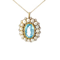 18k Yellow Gold 7.00ct Oval Blue Topaz and Fresh Water White Pearl Vintage Necklace