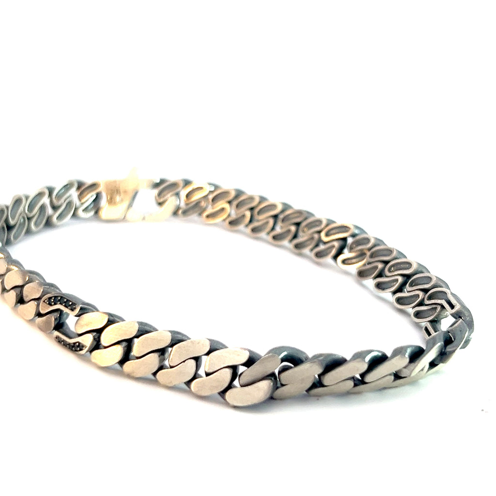 Sterling Silver 22.0 Gram Curb Link with Round Black Onyx Men Bracelet