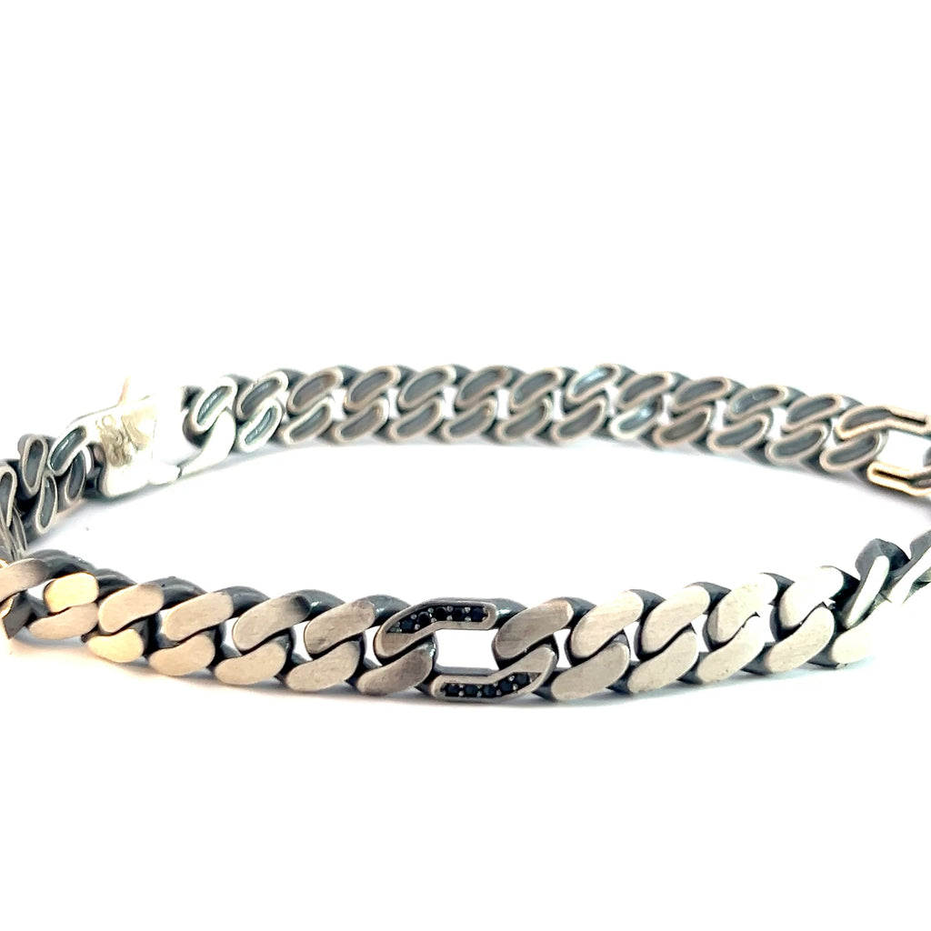 Sterling Silver 22.0 Gram Curb Link with Round Black Onyx Men Bracelet