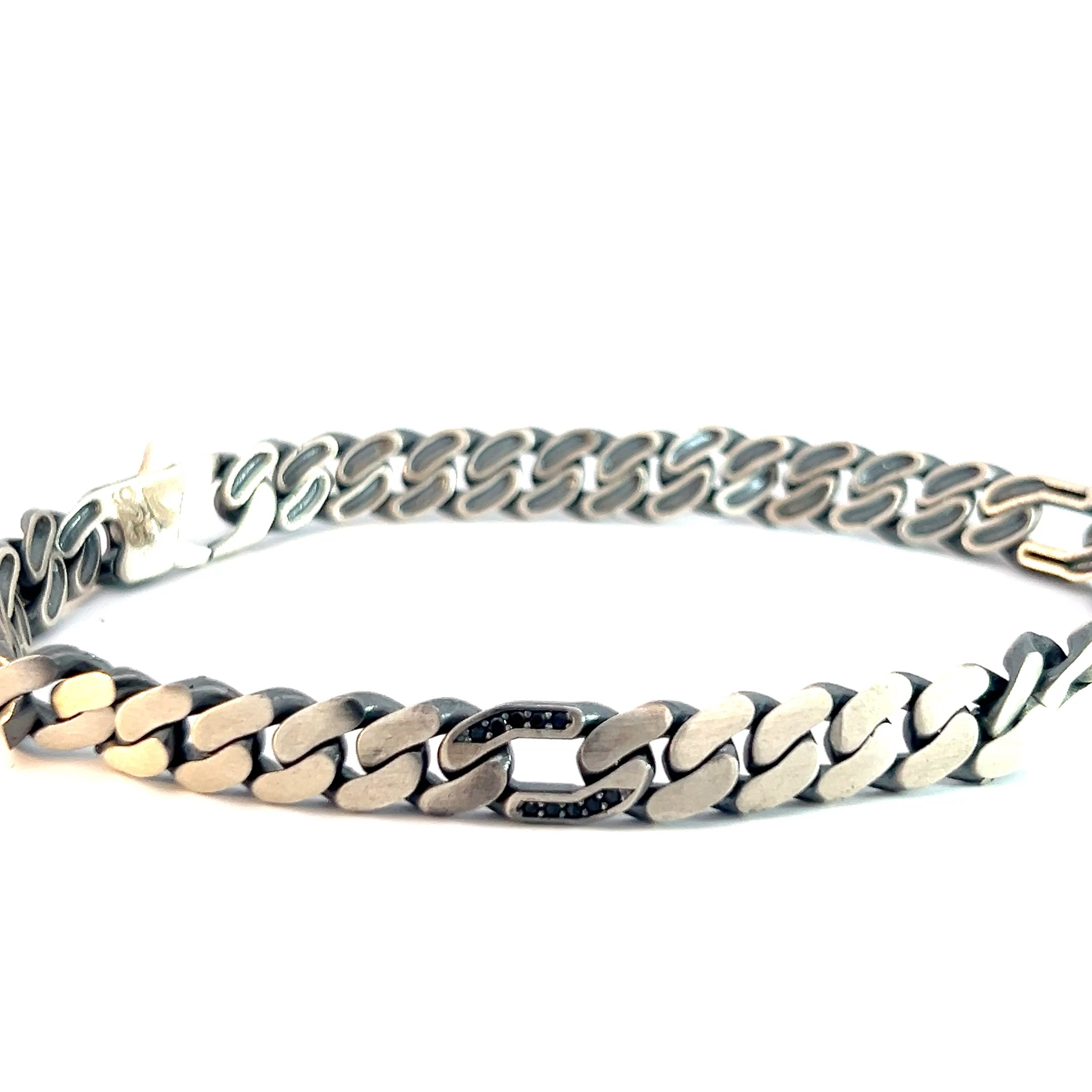 Sterling Silver 22.0 Gram Curb Link with Round Black Onyx Men Bracelet