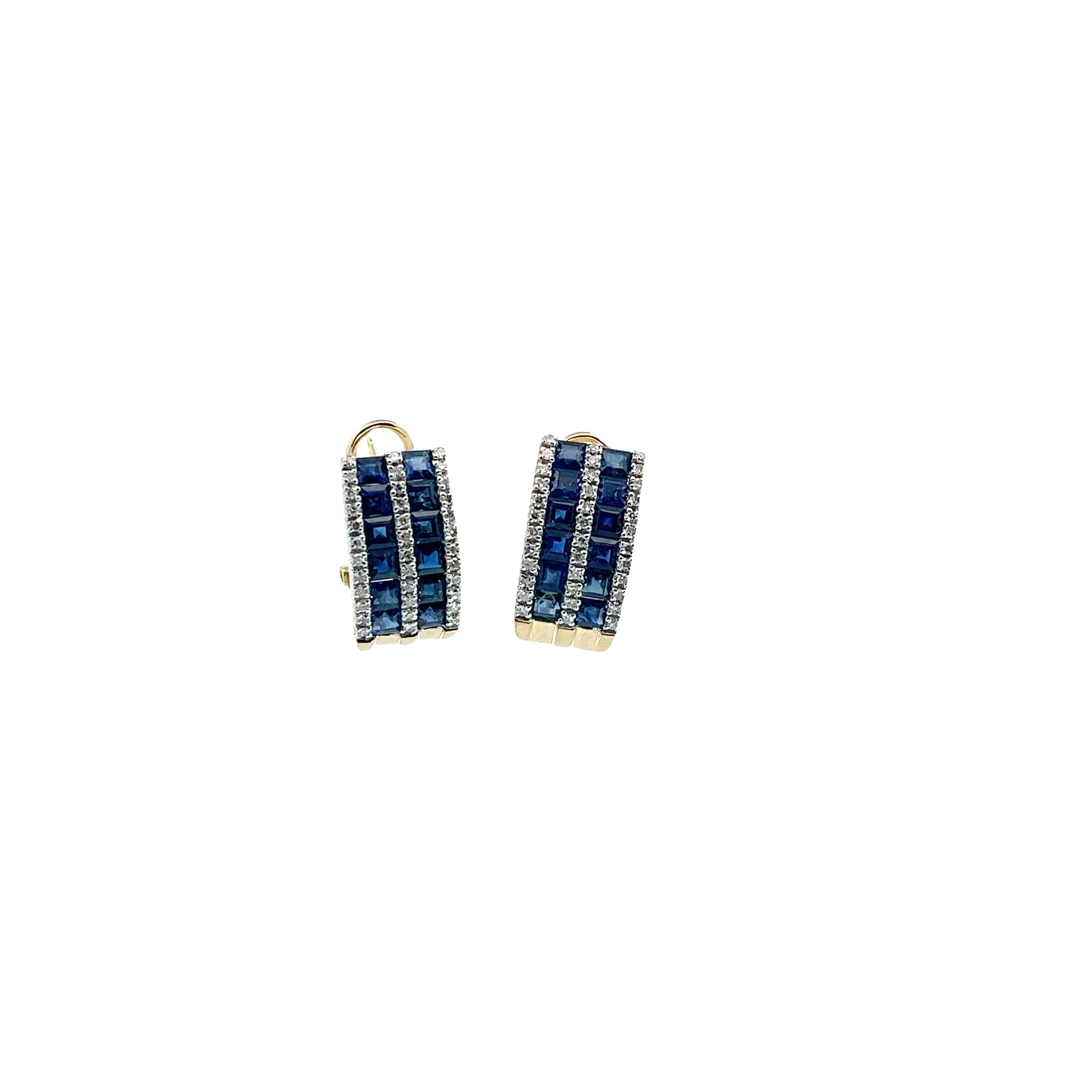 18k Yellow Gold 3.00ct Princess Cut Blue Sapphire AA and 1.04ct G VS2 Round Diamond Channel Set Omega Back 10mm Wide Earrings