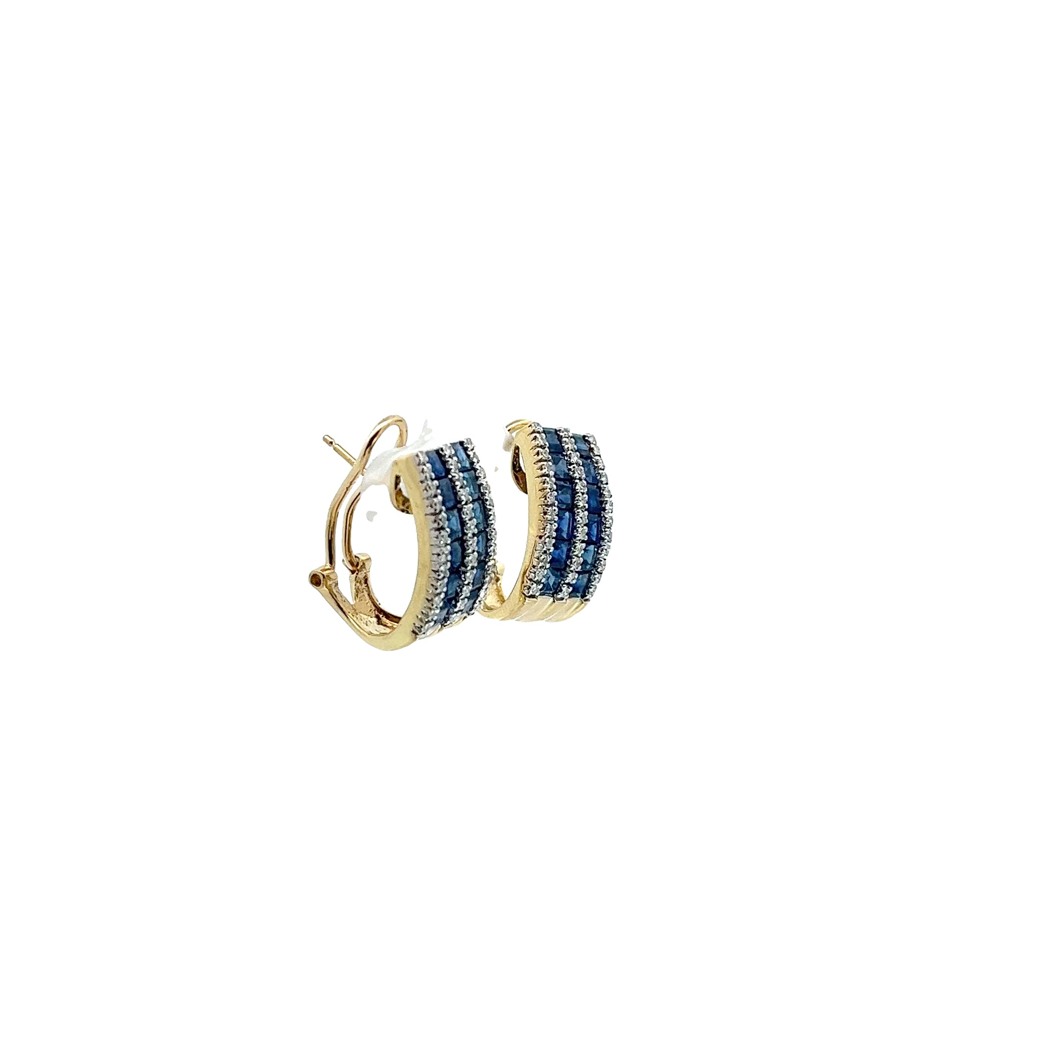 18k Yellow Gold 3.00ct Princess Cut Blue Sapphire AA and 1.04ct G VS2 Round Diamond Channel Set Omega Back 10mm Wide Earrings