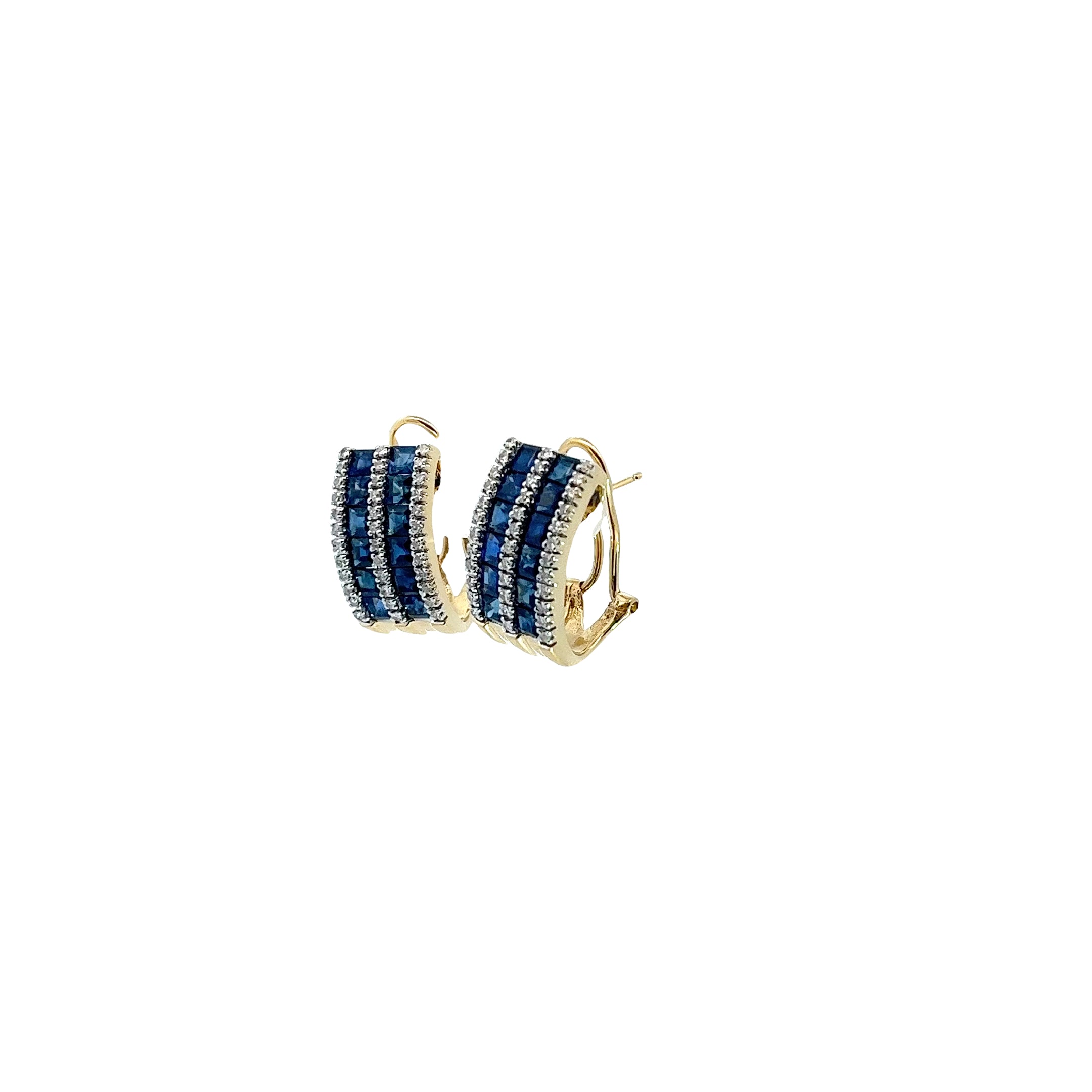 18k Yellow Gold 3.00ct Princess Cut Blue Sapphire AA and 1.04ct G VS2 Round Diamond Channel Set Omega Back 10mm Wide Earrings