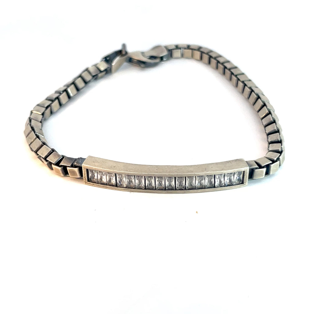 Sterling Silver 17.9 Gram Bar with Round Cubic Zirconium Stone Men's Bracelet