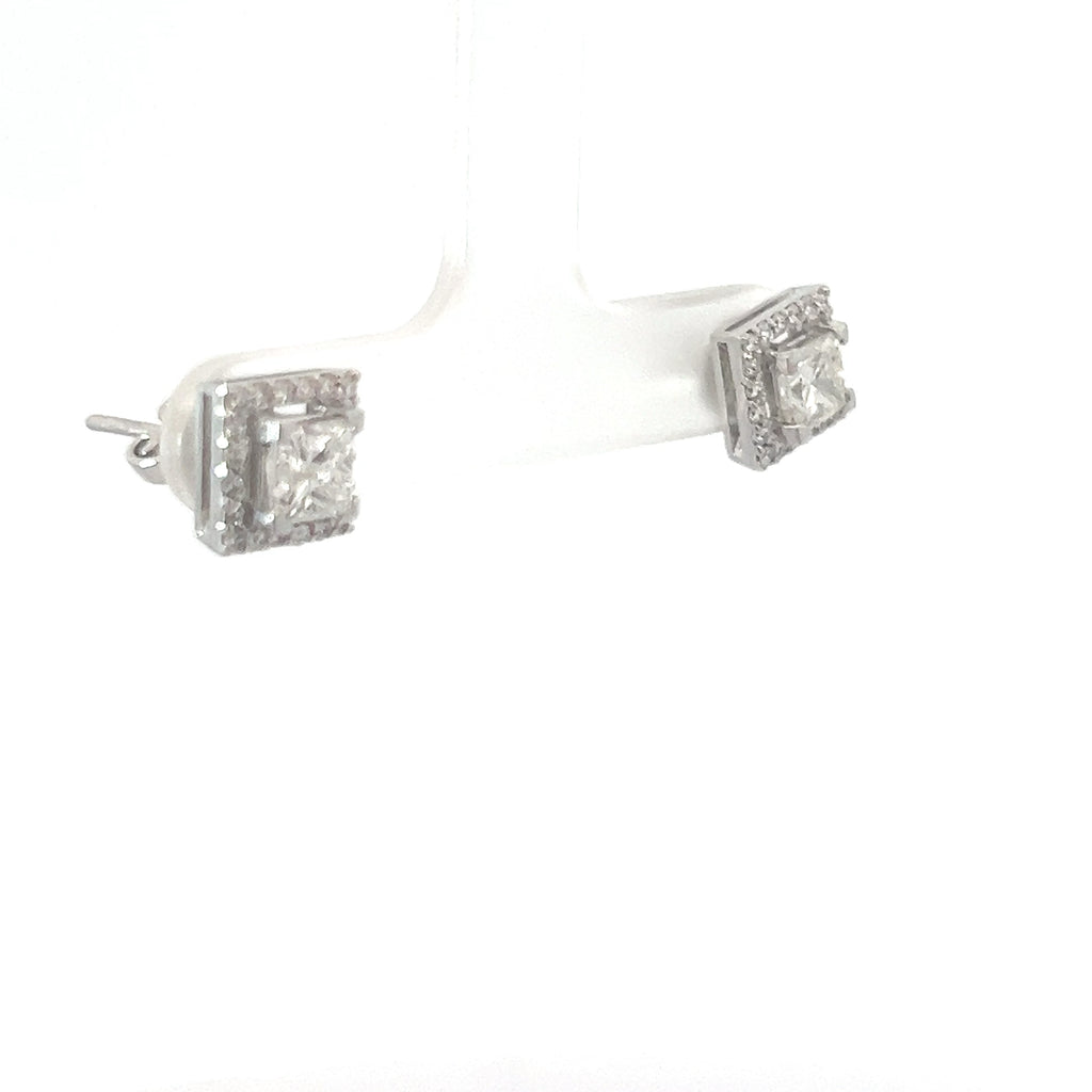 14k White Gold 1.20ct F SI2 Princess Cut Diamond / .30ct F VS2 Halo Round Diamond Stud Earrings