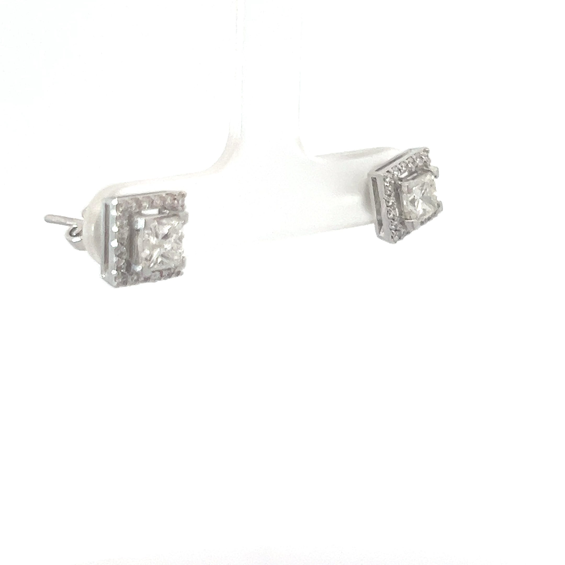 14k White Gold 1.20ct F SI2 Princess Cut Diamond / .30ct F VS2 Halo Round Diamond Stud Earrings