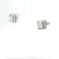 14k White Gold 1.20ct F SI2 Princess Cut Diamond / .30ct F VS2 Halo Round Diamond Stud Earrings