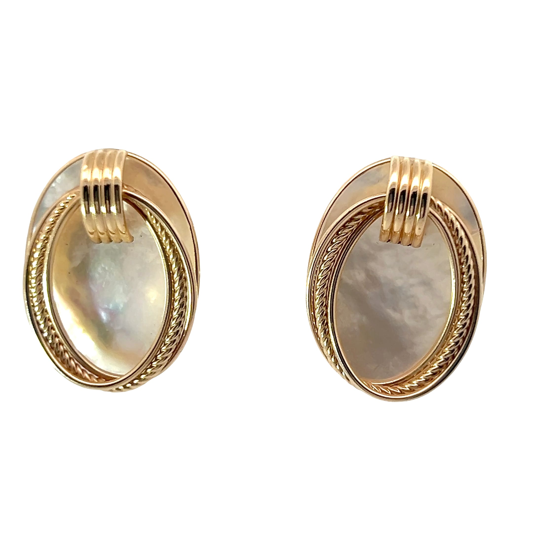 14k Yellow Gold Large Mother of Pearl Clip on Omega Earring 11.2 Gram 1 1/4" x 7/8"