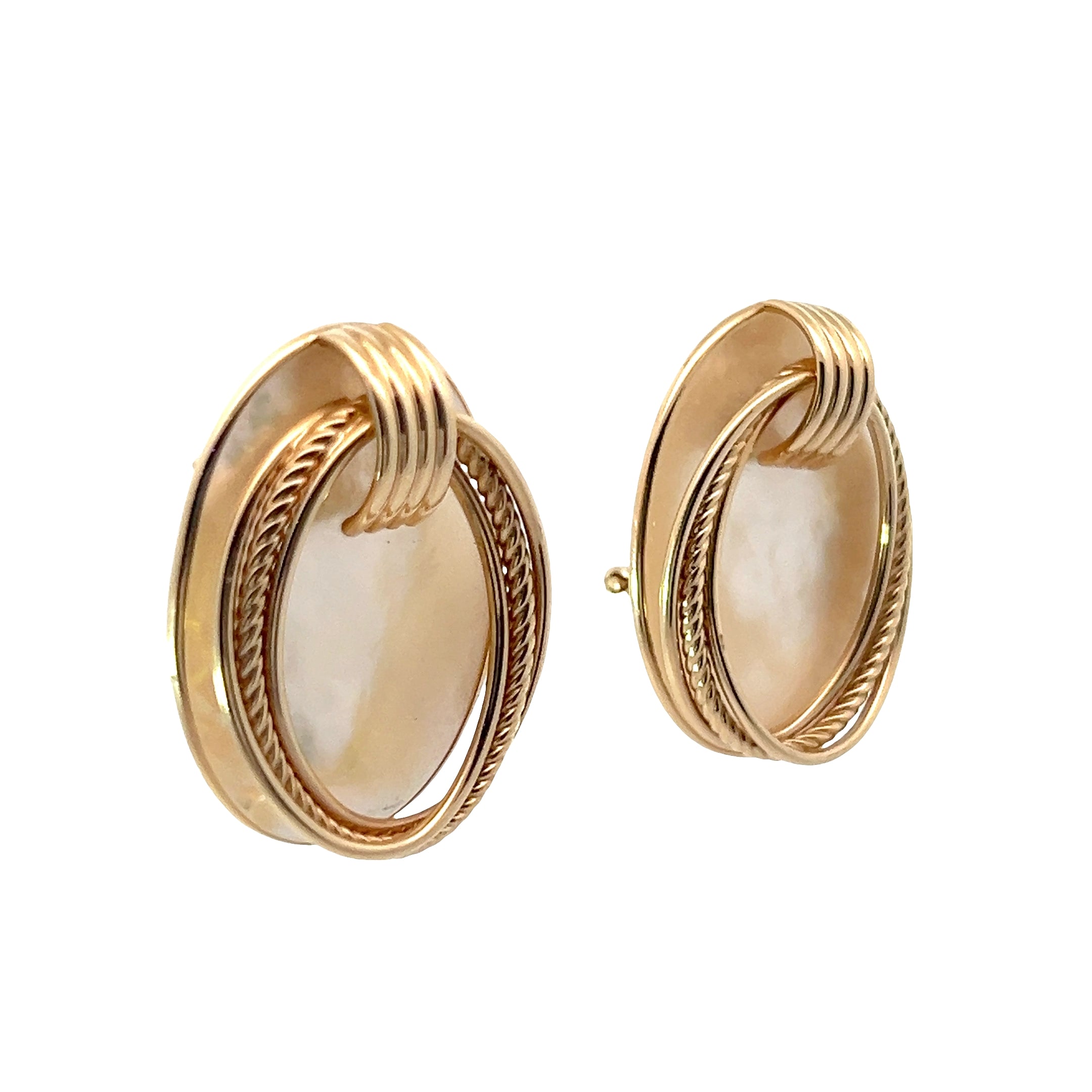 14k Yellow Gold Large Mother of Pearl Clip on Omega Earring 11.2 Gram 1 1/4" x 7/8"