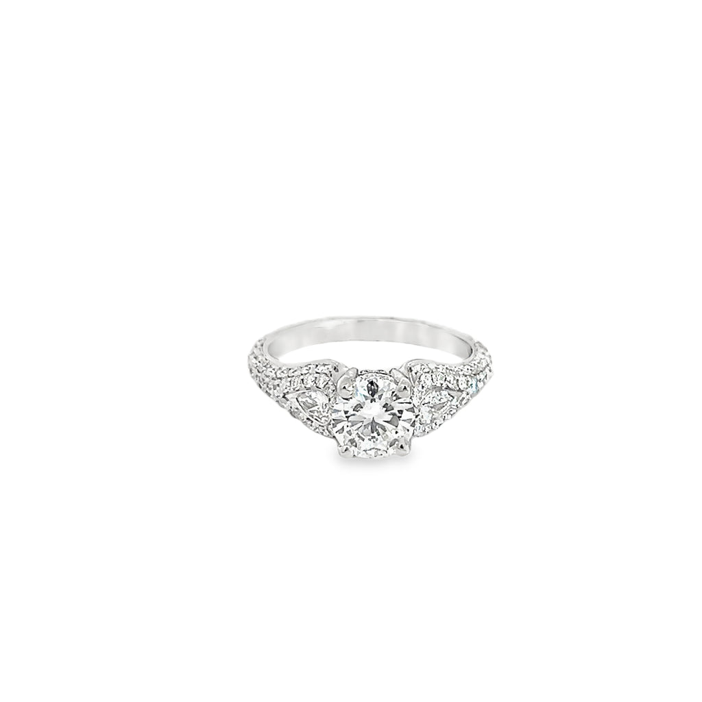 14k White Gold 1.01ct D SI1 Round Center Diamond / 1.32ct F VS2 Round Pave Diamond Ring Certified By GIA #1146572746