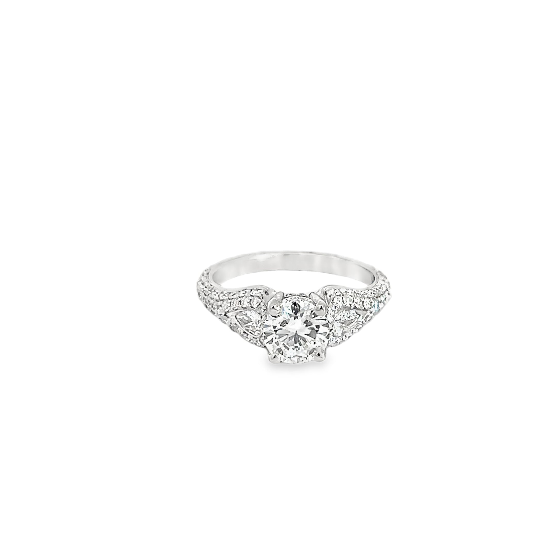 14k White Gold 1.01ct D SI1 Round Center Diamond / 1.32ct F VS2 Round Pave Diamond Ring Certified By GIA #1146572746