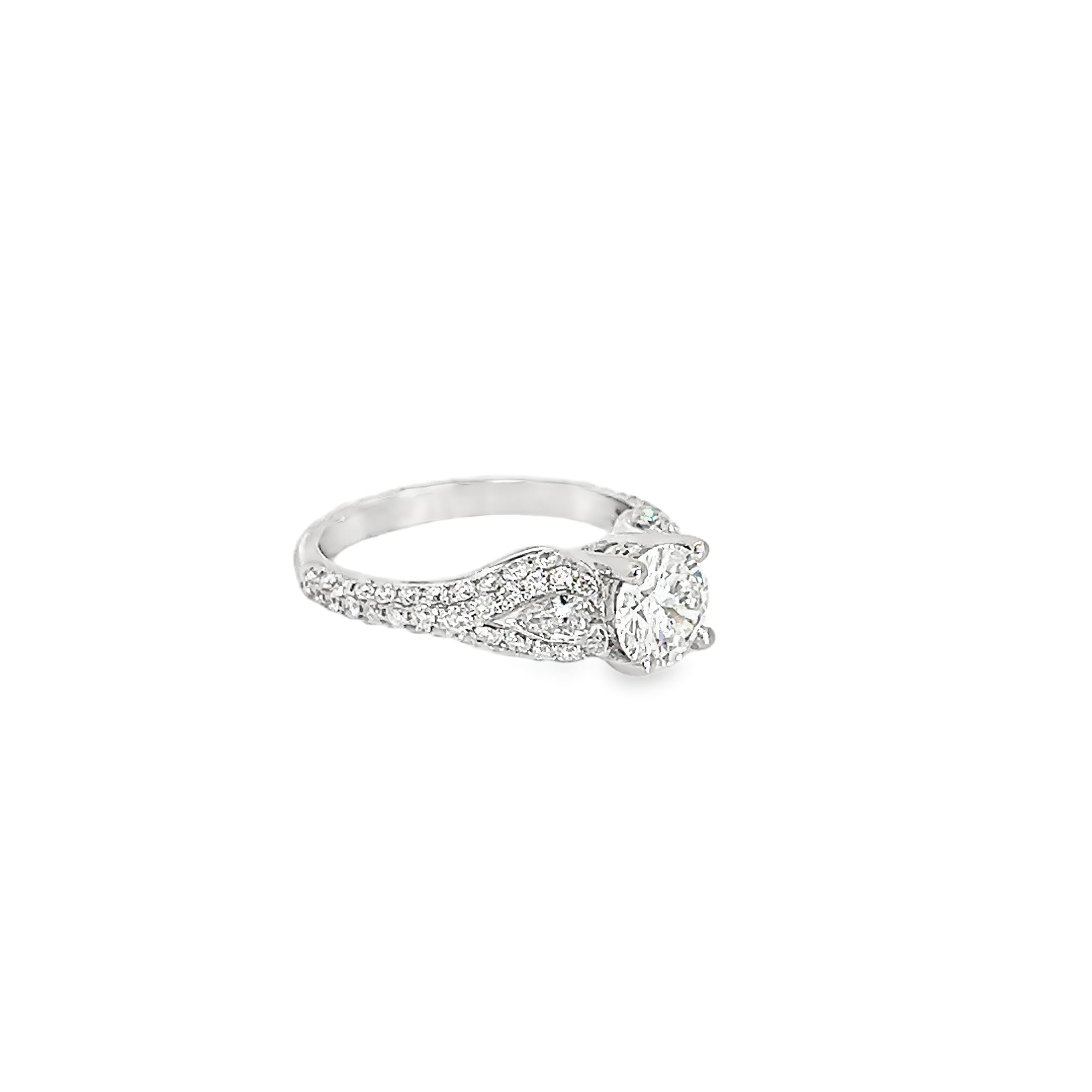 14k White Gold 1.01ct D SI1 Round Center Diamond / 1.32ct F VS2 Round Pave Diamond Ring Certified By GIA #1146572746