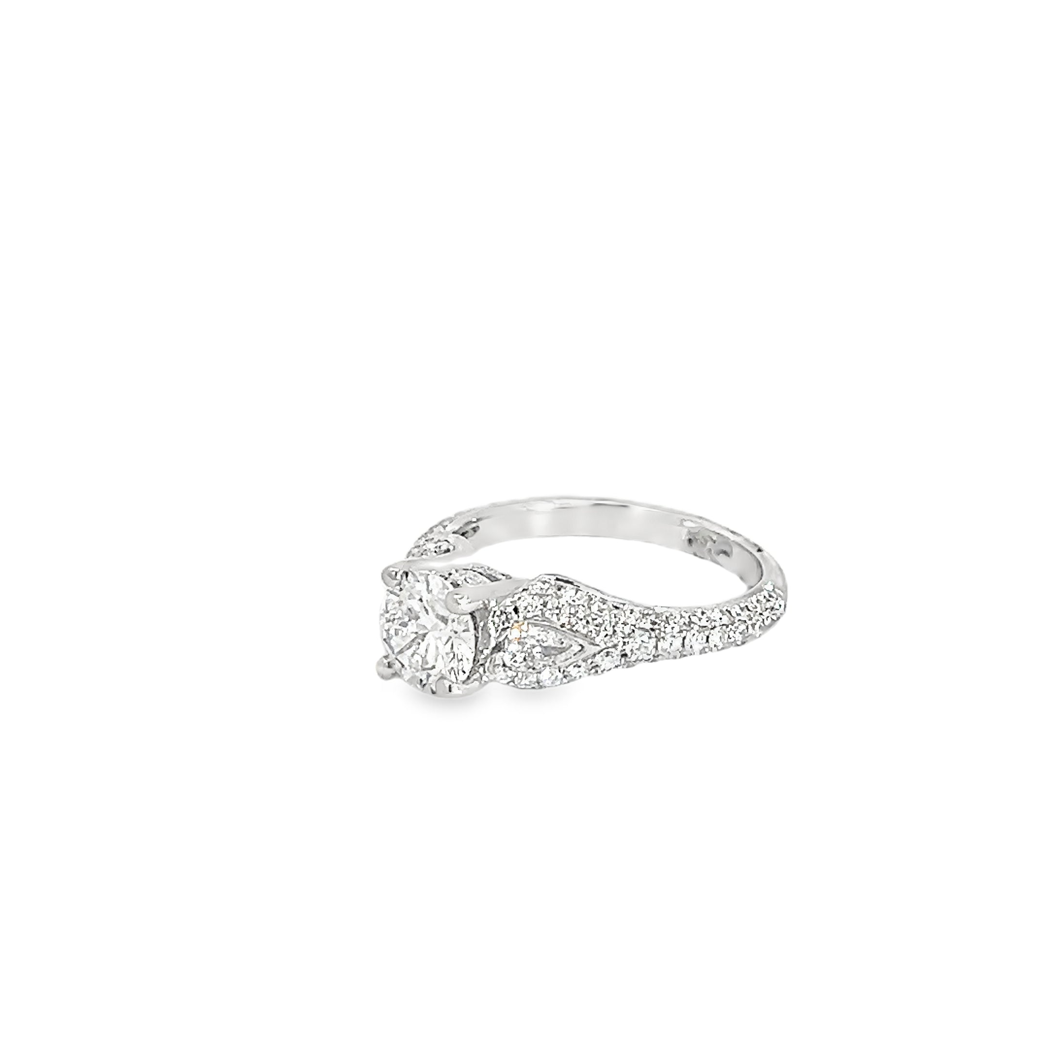 14k White Gold 1.01ct D SI1 Round Center Diamond / 1.32ct F VS2 Round Pave Diamond Ring Certified By GIA #1146572746