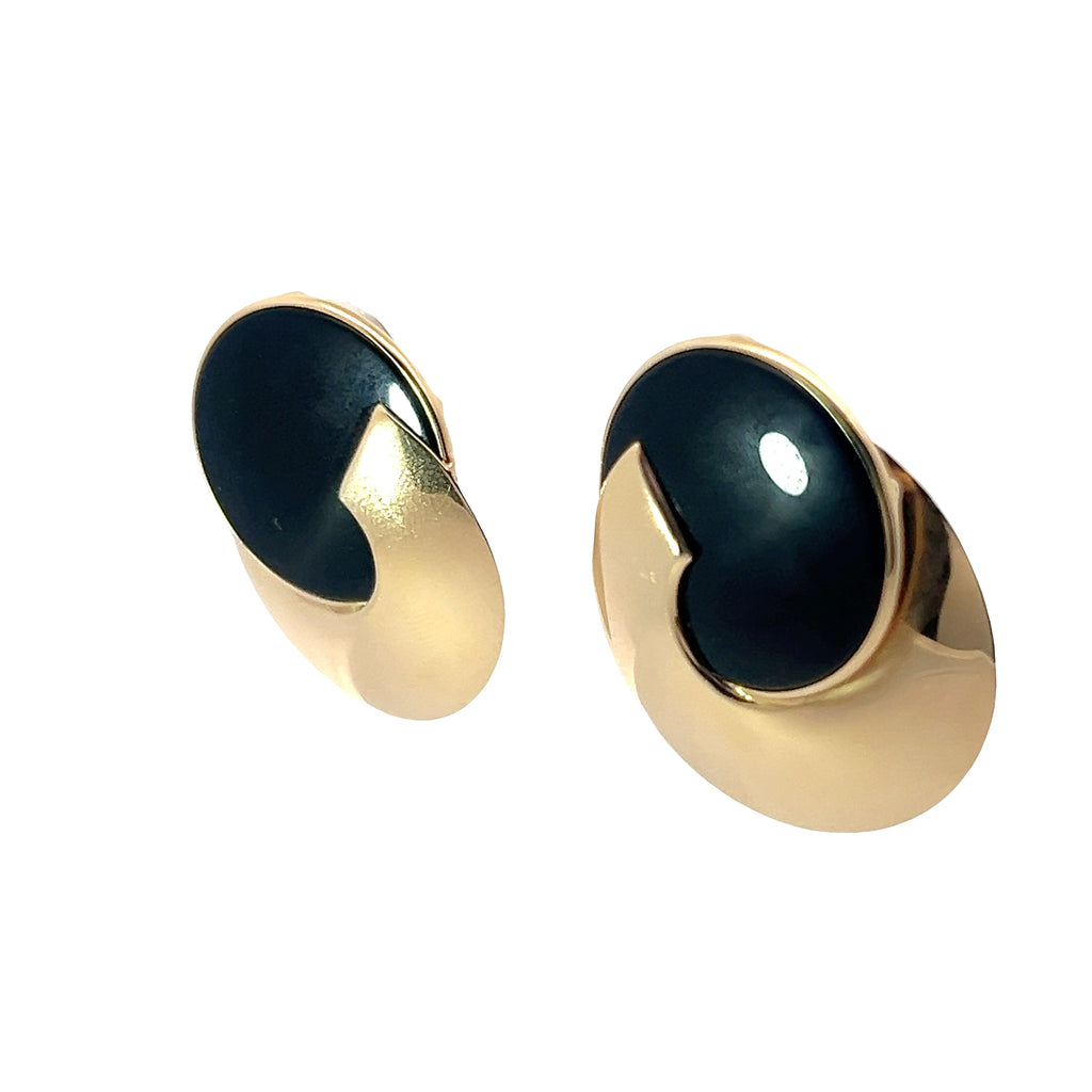 14k Yellow Gold Large Round Onyx Disc Earrings 9.4 Gram 1 1/2"