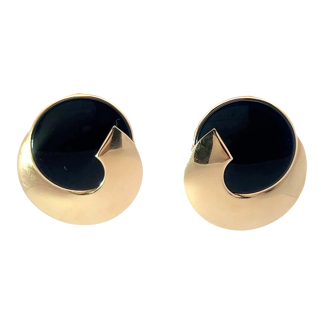 14k Yellow Gold Large Round Onyx Disc Earrings 9.4 Gram 1 1/2"