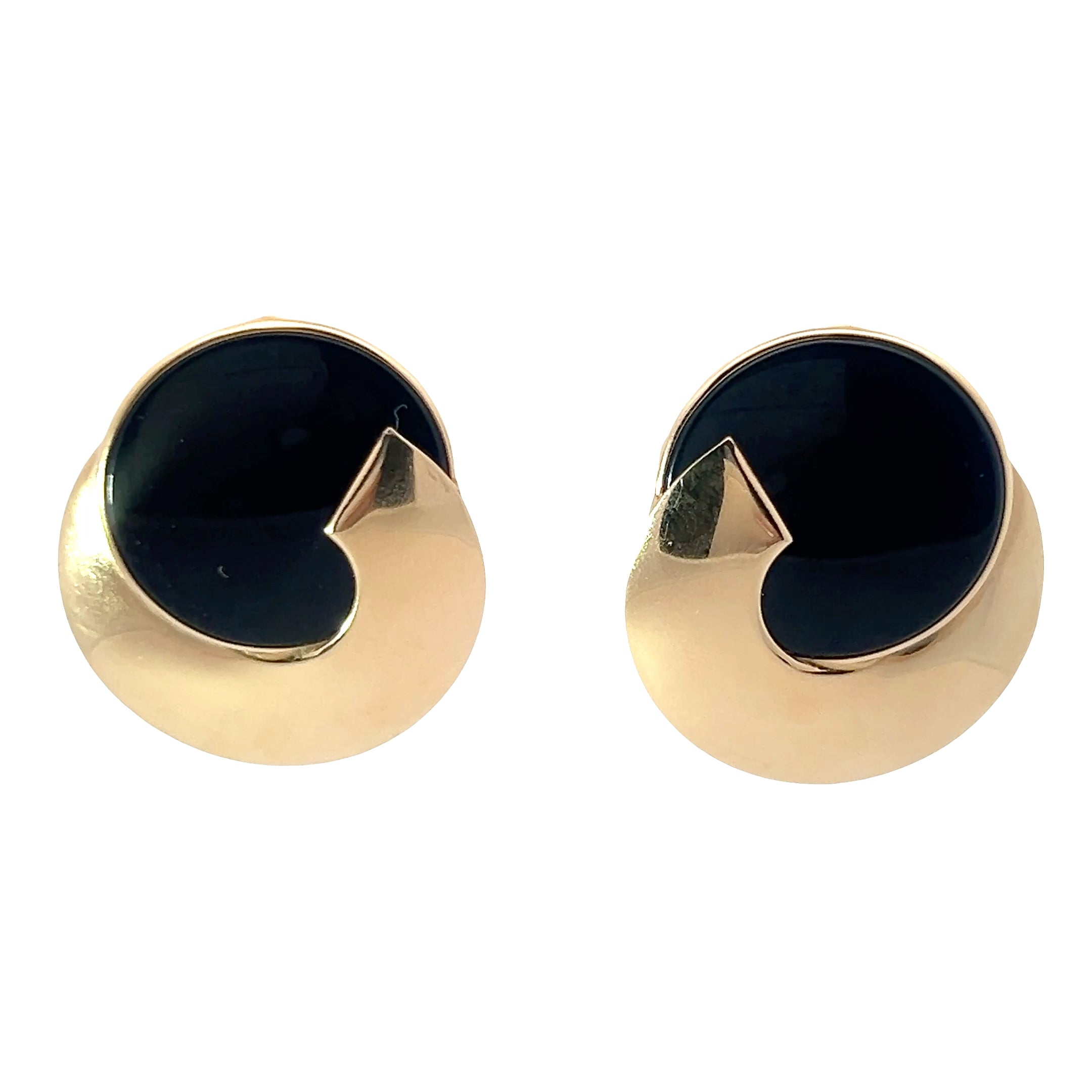 14k Yellow Gold Large Round Onyx Disc Earrings 9.4 Gram 1 1/2"