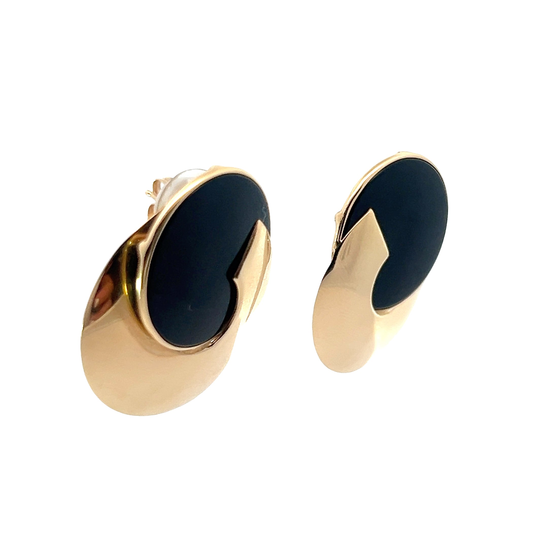 14k Yellow Gold Large Round Onyx Disc Earrings 9.4 Gram 1 1/2"