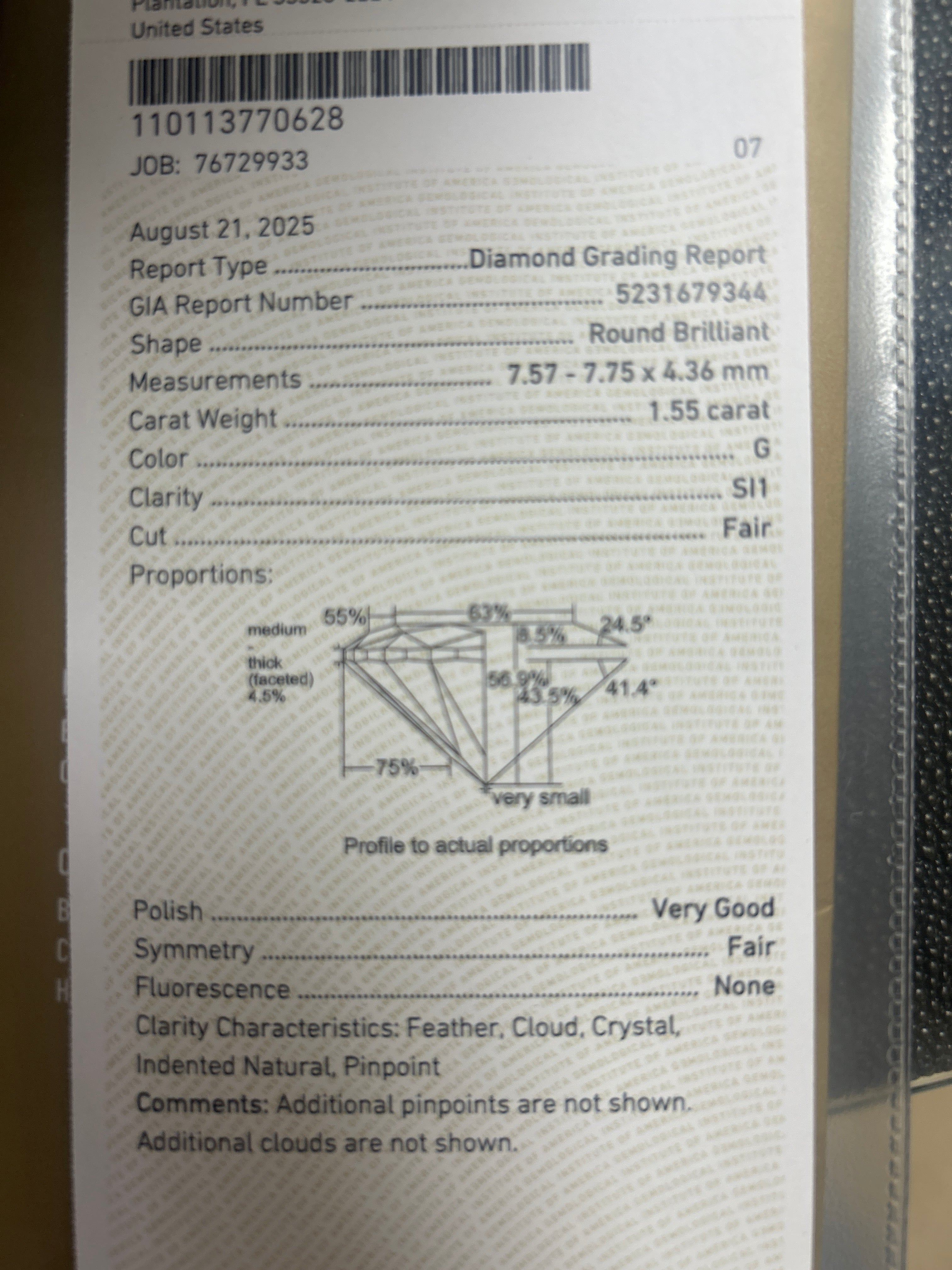 1.55ct G SI1 Round Loose Diamond Certified By GIA #5231679344