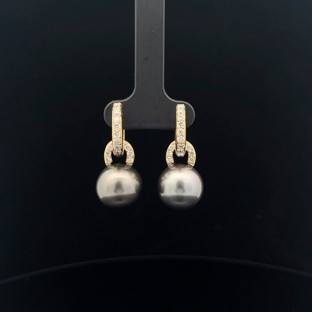 18k Yellow Gold 1.00ct F VS2 Round Diamond and Tahitian 13mm Pearl Earrings