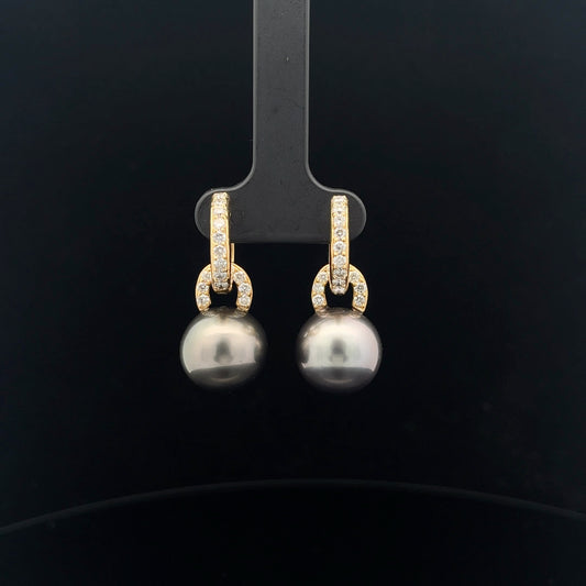 18k Yellow Gold 1.00ct F VS2 Round Diamond and Tahitian 13mm Pearl Earrings