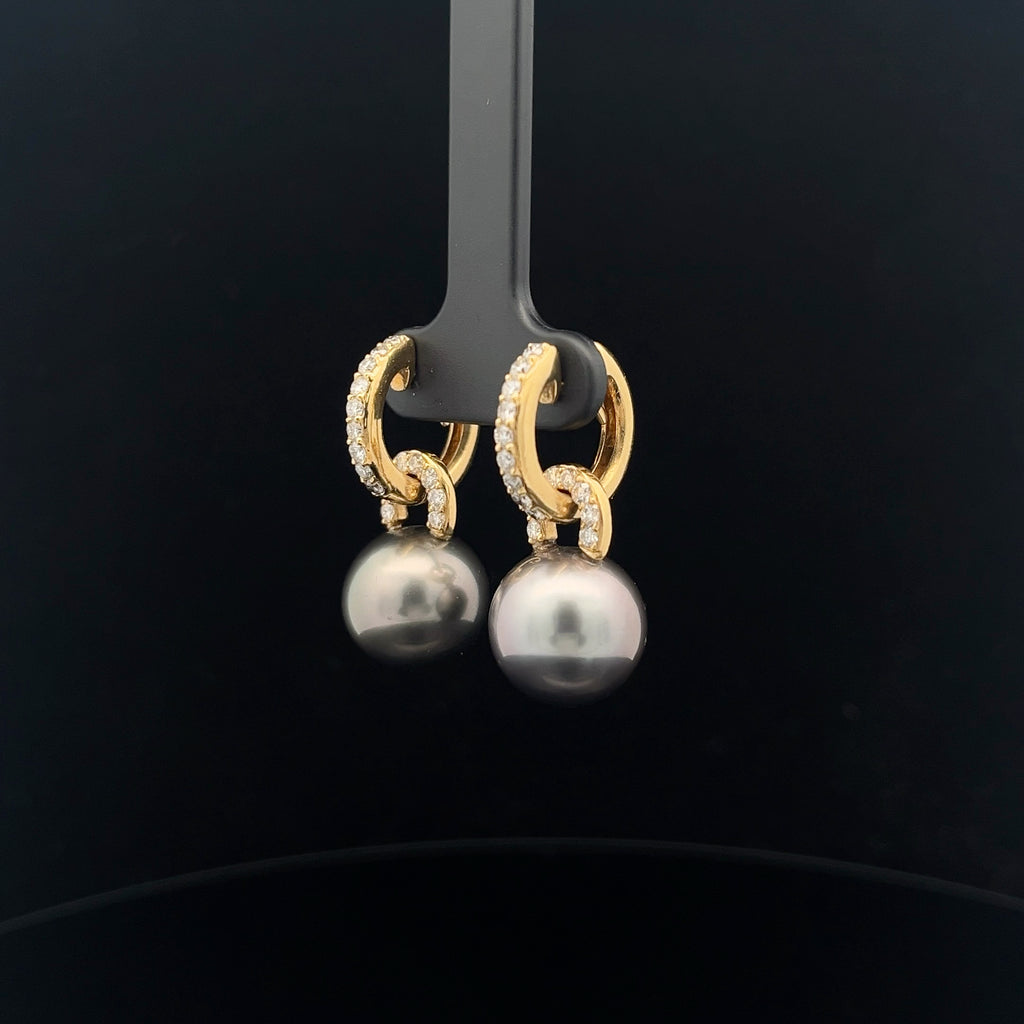 18k Yellow Gold 1.00ct F VS2 Round Diamond and Tahitian 13mm Pearl Earrings